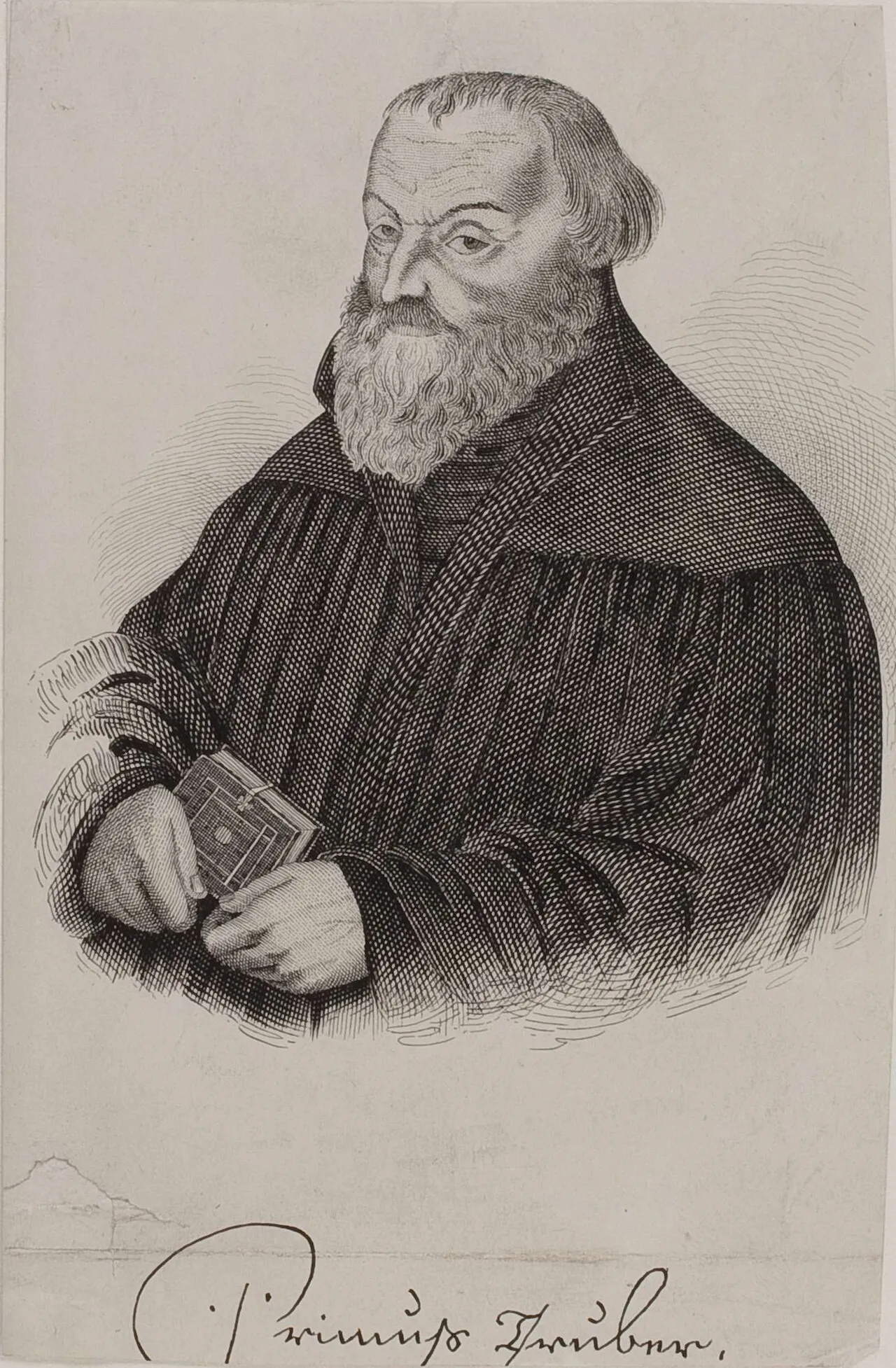 Houtsnede-portret van Primož Trubar, de 16e-eeuwse Sloveense taalhervormer die bij de plechtigheid werd herdacht.