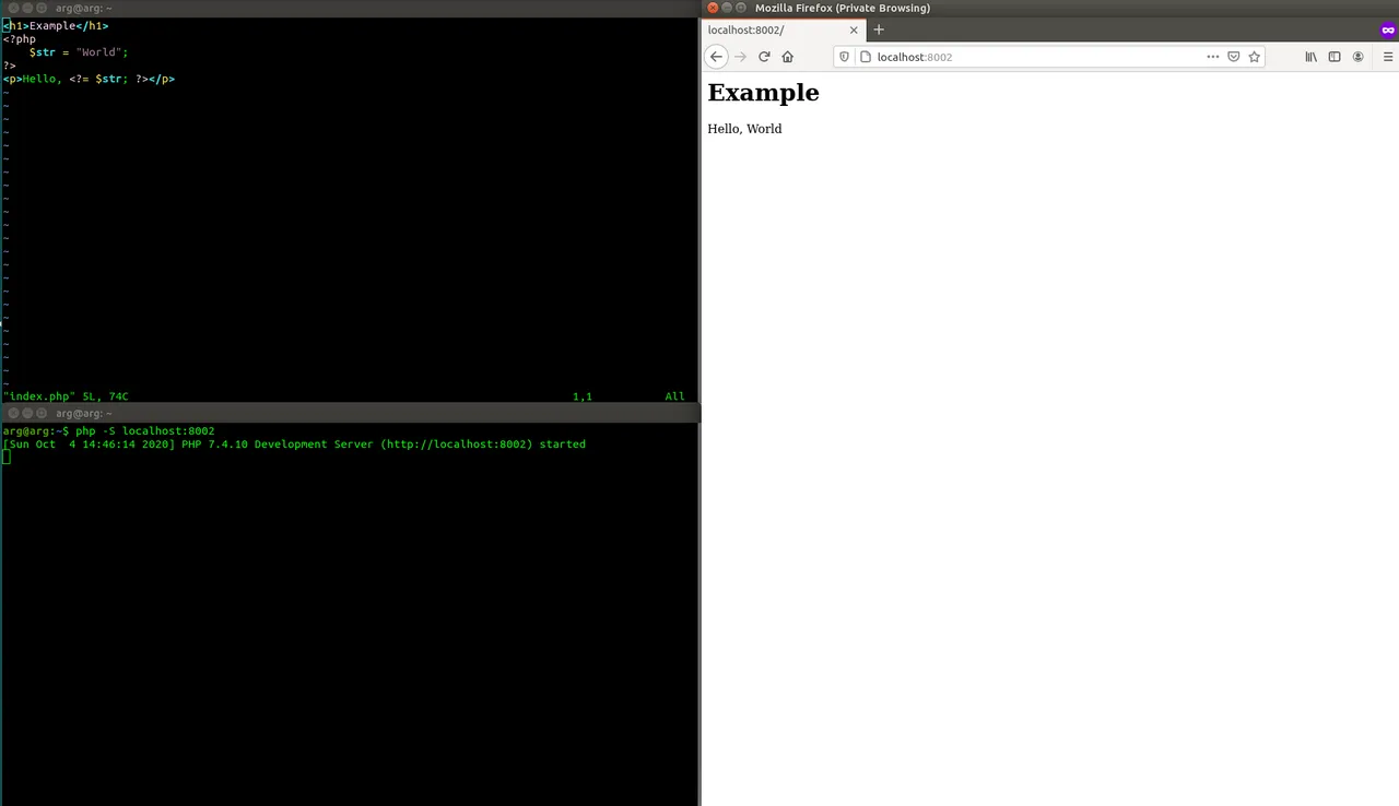 Een "Hello World"-toepassing in PHP, met de broncode en de resulterende webpagina.