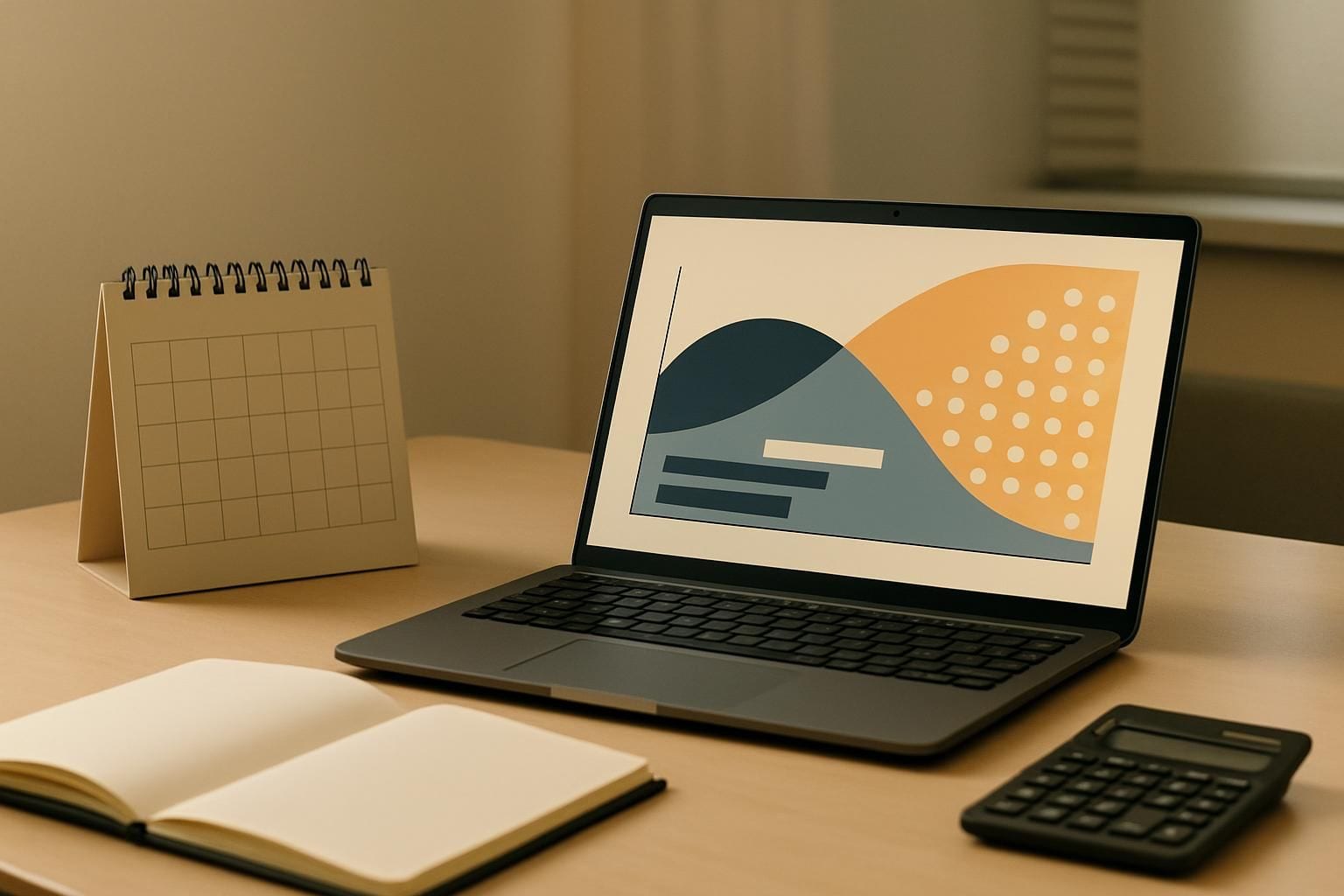 Een laptop met een pensioenberekening, een agenda en een rekenmachine op een bureau.