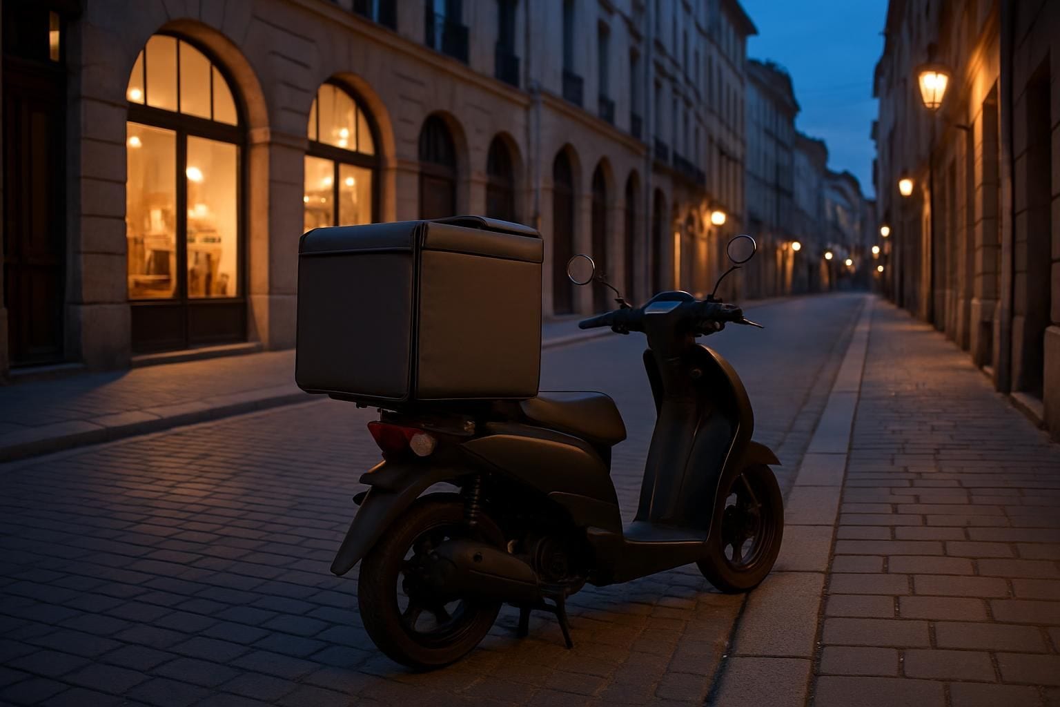 Een bezorgscooter met bezorgbox op straat in de schemering