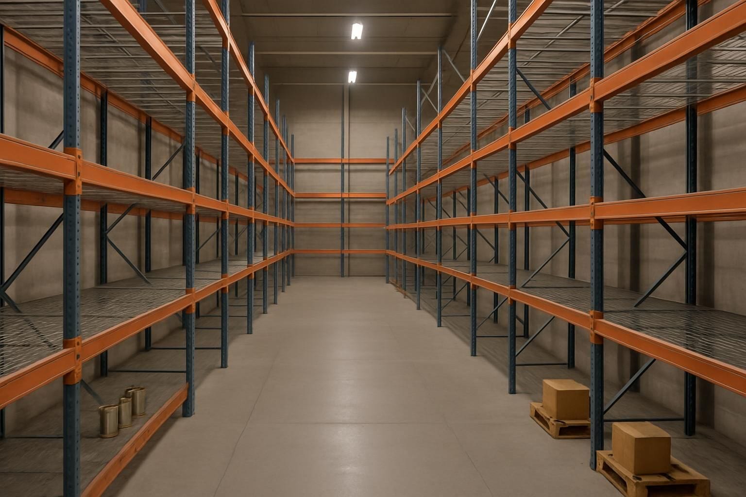 Vrijwel lege opslagruimte met slechts enkele verspreide blikjes en dozen op de schappen