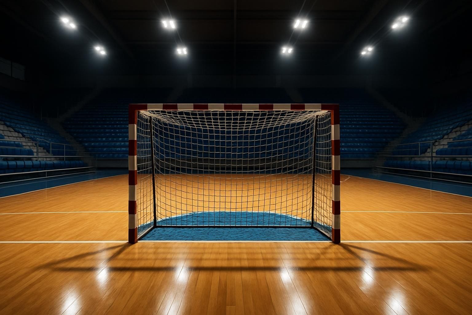 Lege handbalhal met een houten speelvloer en een doel op de voorgrond