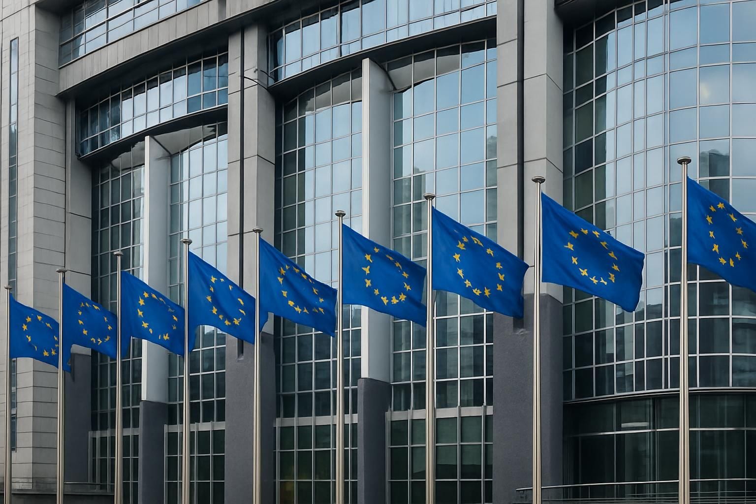 Een modern EU-gebouw met Europese vlaggen, symbool voor een EU-top over steun aan Oekraïne.